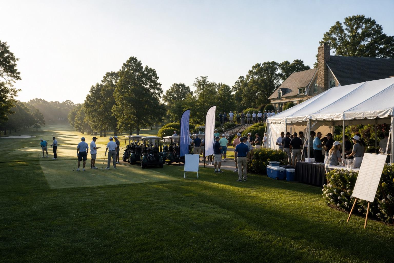 Golf tournament check-in under event tents beside the first tee